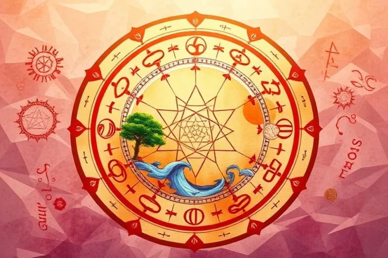 Elemental Balance in Sacred Spaces A watercolor depiction of a Bagua map with elemental symbols and subtle Tarot card imagery, representing the blend of external and internal energies.