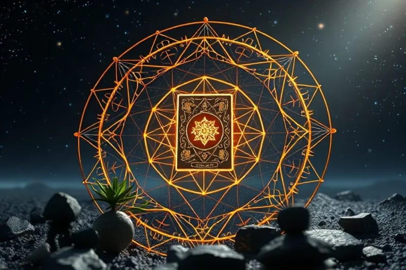 Integrated Energy for Manifestation A 3D render of a crystal grid with a glowing Tarot card at its center, surrounded by symbolic Feng Shui objects representing various elements, evoking a sense of powerful, integrated energy.