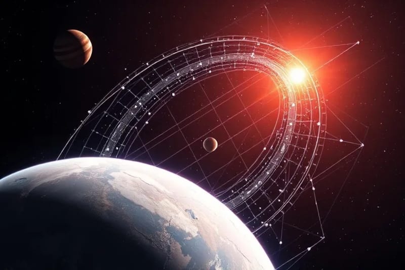Diagrama vectorial que ilustra varias trayectorias interplanetarias, incluyendo una transferencia de Hohmann entre la Tierra y Marte, y una maniobra de asistencia gravitatoria alrededor de Júpiter. Flujos de datos y nodos computacionales simbolizan la optimización de rutas por IA.