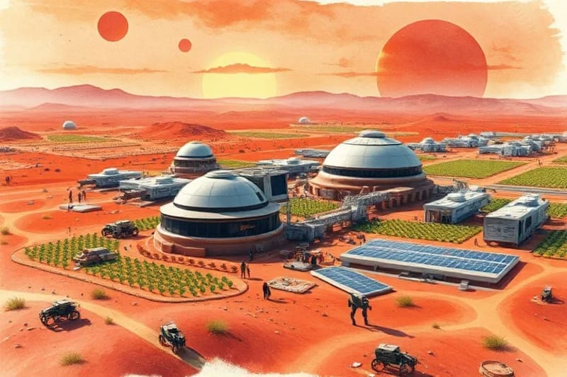Renderizado 3D de una colonia humana futurista en Marte, mostrando estructuras habitacionales avanzadas, vehículos autónomos y robots de mantenimiento. El entorno desértico se contrasta con la tecnología de vanguardia para la supervivencia y expansión.