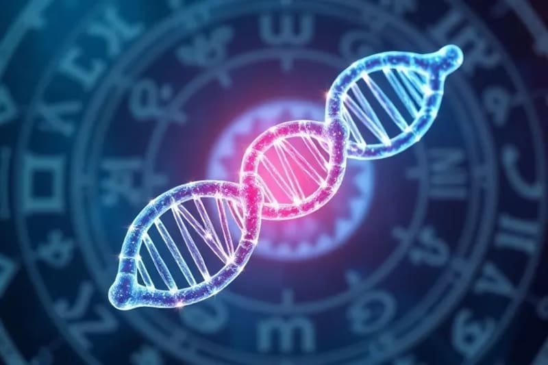 Holographic projection of DNA with astrological symbols