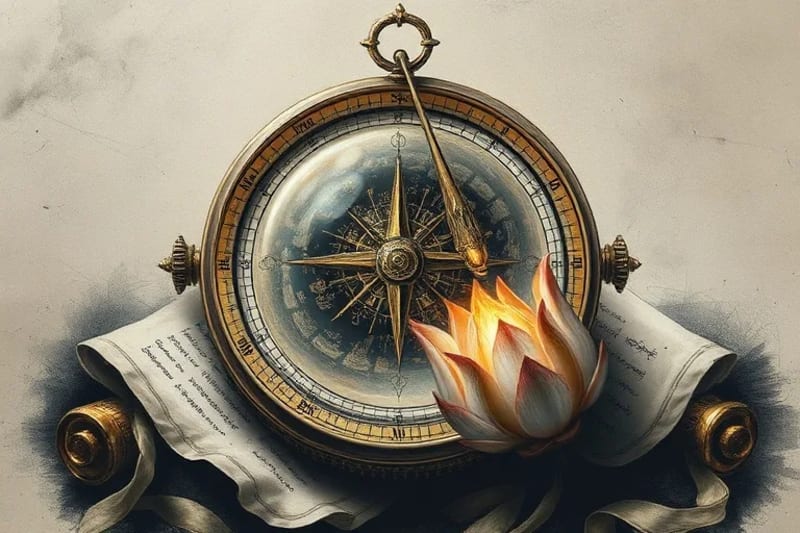 Antique compass pointing to past life scenes, surrounded by scrolls and a lotus flower