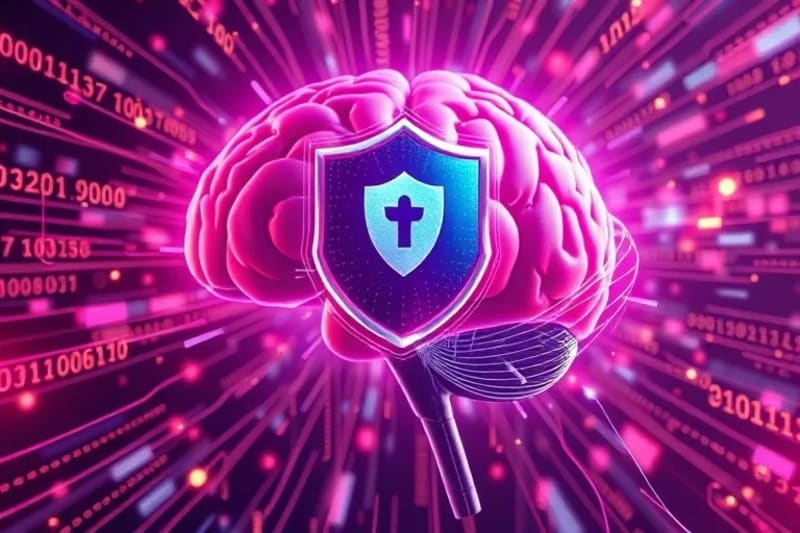 Vector art illustrating a human brain protected by a digital shield, with binary code and data streams flowing around it, symbolizing mental privacy and data security.