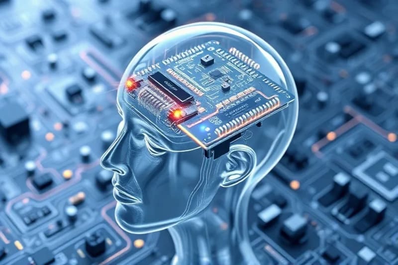 3D render of a futuristic brain-computer interface (BCI) device on a translucent head model, with glowing data streams connecting it to an ethereal information cloud, symbolizing mind-AI interaction.