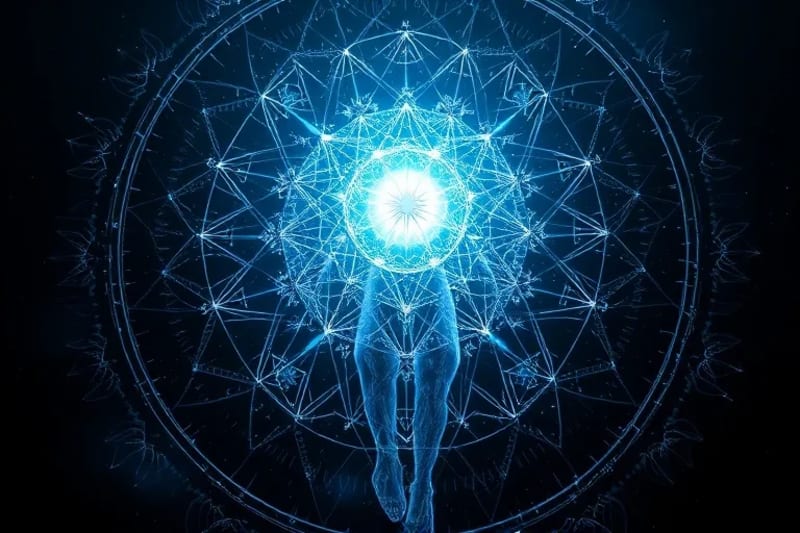 Abstract 3D render of a crystalline human silhouette with flowing energy patterns and holographic data streams, symbolizing self-discovery through advanced technology.