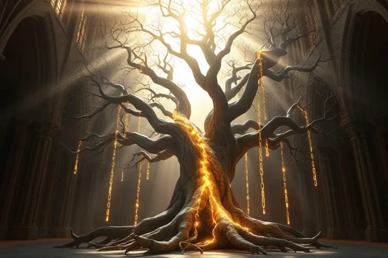 Árbol genealógico antiguo con cadenas luminosas disolviéndose, simbolizando la liberación de legados ancestrales.