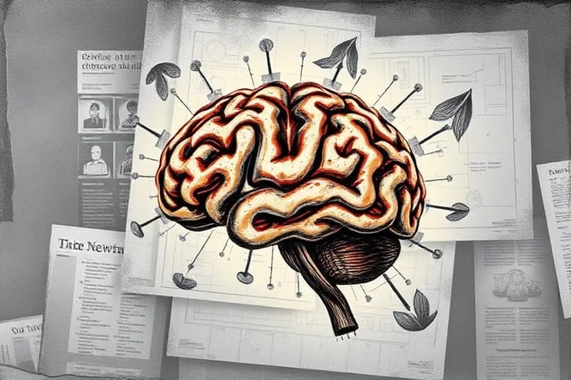 Conceptual art of a brain intertwined with architectural blueprints and natural elements