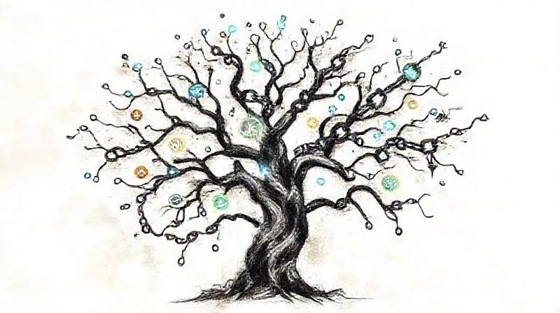 Cadenas entrelazadas y rotas, emergiendo de un árbol genealógico estilizado con símbolos astrológicos y cerebrales