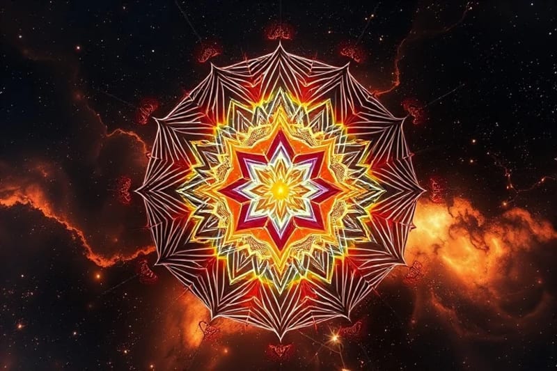 Estructura cristalina fracturada reensamblándose con luz cálida, rodeada de nebulosas y vías neuronales