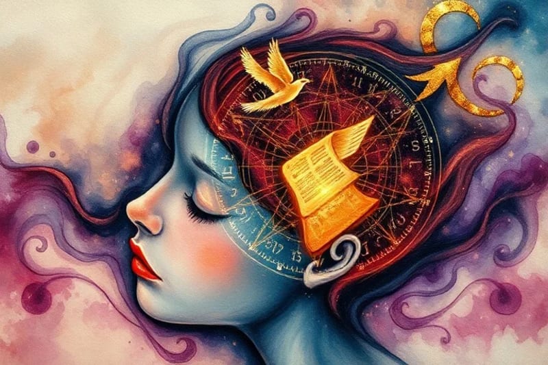 Intricate numerical patterns forming a grid over a sleeping figure's head, with dream imagery emerging, symbolizing the subconscious mind's connection to universal numerical truths.
