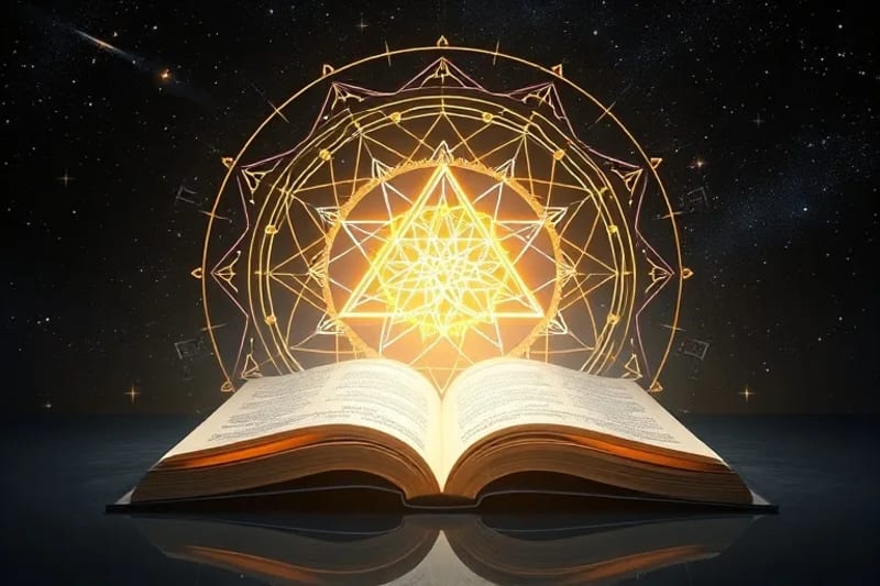 Abstract geometric shapes and glowing numerical sequences floating around a stylized, open book, with soft light emanating from its pages, hinting at ancient wisdom and personal insights.