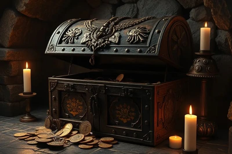 Cofre antiguo lleno de monedas de oro y joyas medievales en una bóveda oscura.