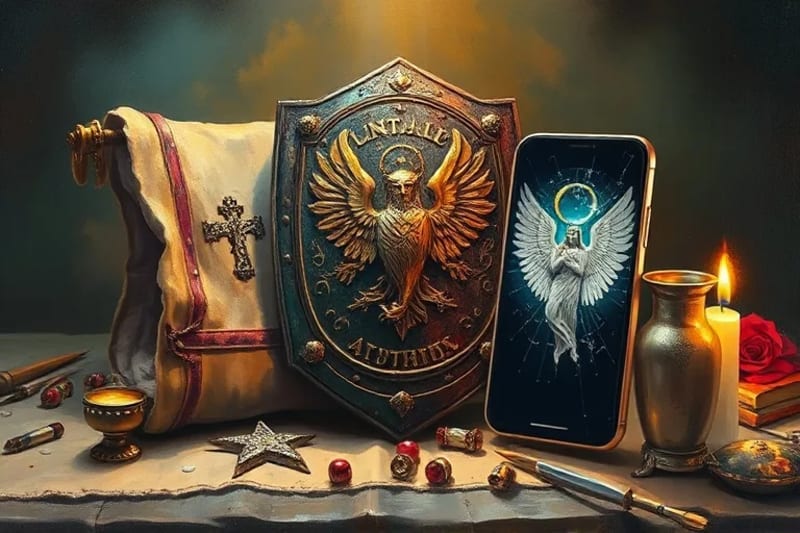 Representación conceptual de un pergamino antiguo con código digital y un escudo protector, simbolizando la defensa espiritual contra amenazas cibernéticas.