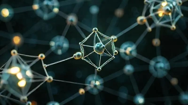 Formas geométricas abstractas que representan la interconexión de conceptos de ábaco y computación cuántica