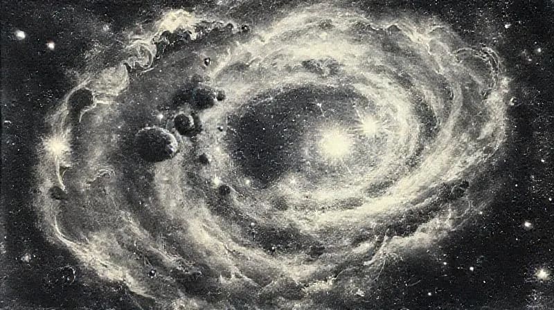 Renderizado 3D de un universo naciente con galaxias y estrellas, donde formas abstractas de luz guían la creación de estructuras cósmicas.