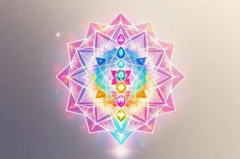 Representación artística de los siete chakras humanos, cada uno con un cristal correspondiente, en un flujo armonioso de colores.