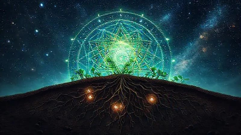 Stylized digital painting of plant roots intertwining with glowing planetary symbols, cosmic energy in sky.