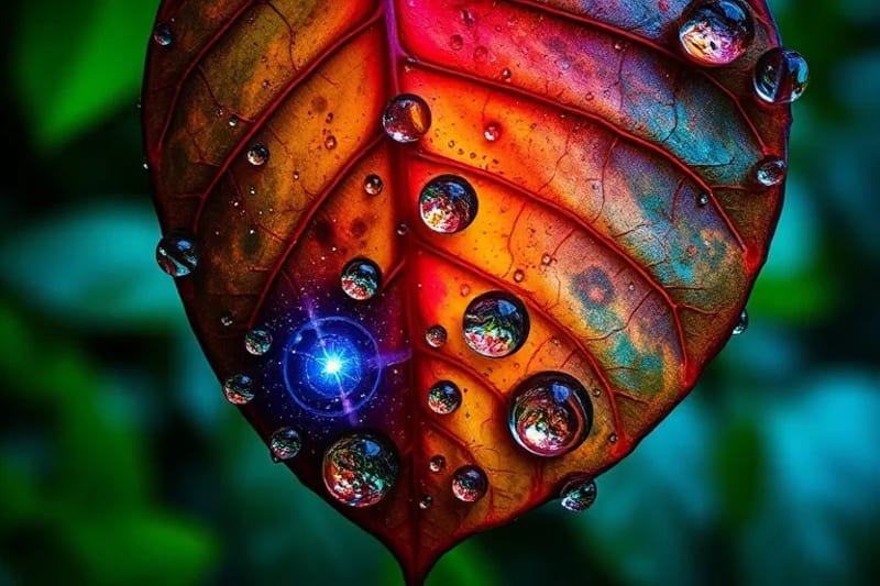 Extreme close-up macro photography of dew drops on a leaf, reflecting a starry night sky, intricate venation.