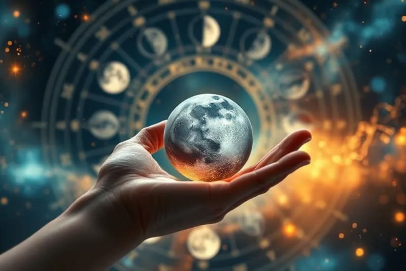 Mano sosteniendo una runa con fases lunares y luz dorada de abundancia