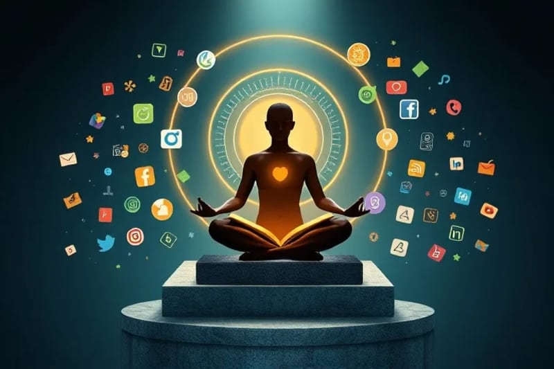 Silueta humana serena en posición de loto, rodeada por un aura de paz que repele iconos digitales caóticos.
