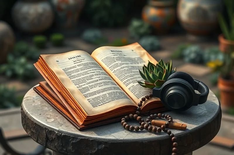 Naturaleza muerta de objetos: un diario abierto, cuentas de oración, auriculares con cancelación de ruido y una planta suculenta.