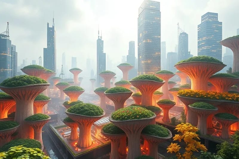 Ciudad futurista con biotecnología fúngica y IA