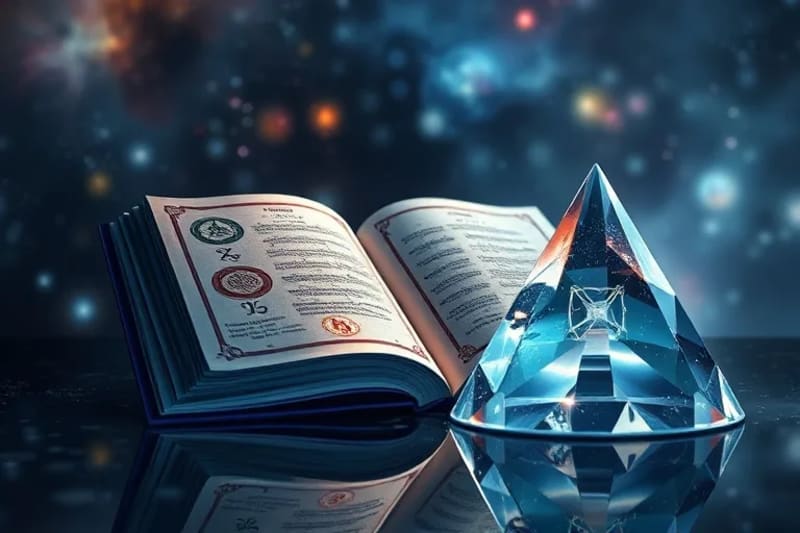 Stylized open book with alchemical symbols and quantum wave functions, crystal prism refracting light