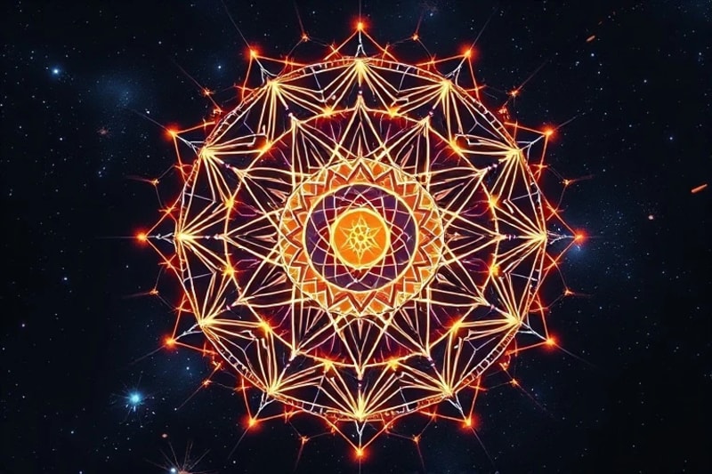Abstract 3D render of interconnected glowing energy fields with a central focused orb representing conscious intention