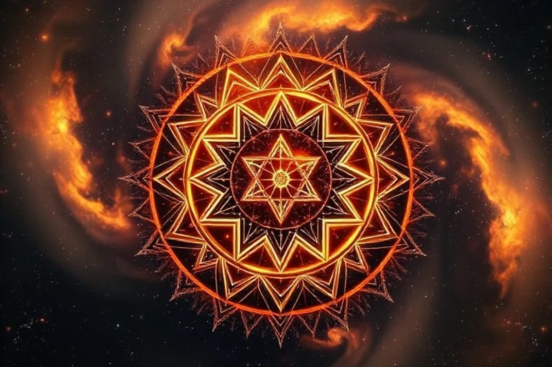 Composición abstracta de vórtices de luz y oscuridad que simbolizan el viaje del alma, con partículas brillantes representando experiencias y la vastedad del camino cósmico.