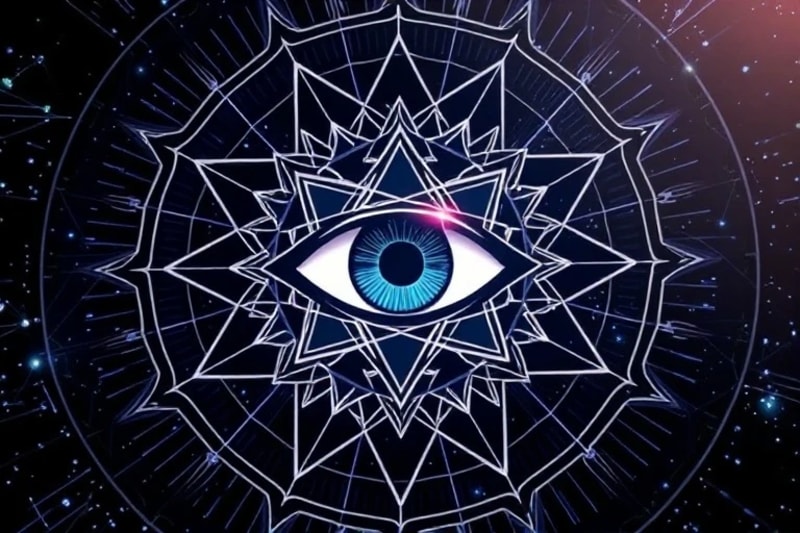 3D render of data lines and geometric patterns converging into a cosmic eye