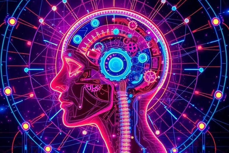 Detalle de un dispositivo de biorresonancia con ondas de energía sutiles y luces LED, rodeado de elementos naturales como cristales y plantas, en un entorno futurista y sereno.