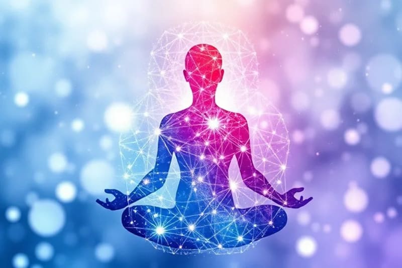 Representación abstracta de una red neuronal entrelazada con hilos de luz, simbolizando la conciencia y la conexión cuántica de la mente.