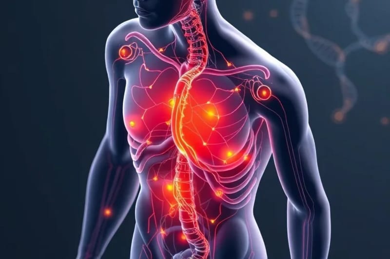 Vector art illustration of an abstract human torso with highlighted endocrine glands and overlaid genomic double helix patterns, representing the interaction of genetics and hormones.