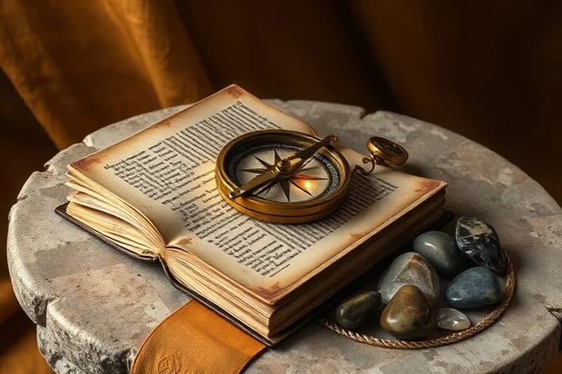 Brújula antigua sobre un libro abierto con cristales y piedras, simbolizando la guía, el conocimiento y la exploración interior en la práctica espiritual.