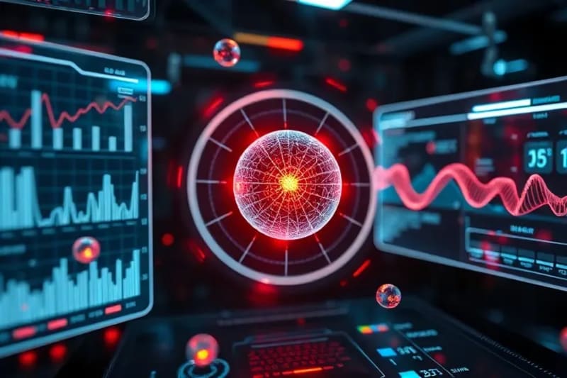 3D render of a futuristic data-driven health dashboard displaying biometric graphs, DNA strands, and hormone molecular structures on translucent screens, emphasizing precision analytics.