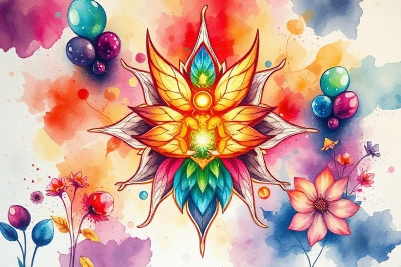 Pintura acuarela de chakras con elementos botánicos