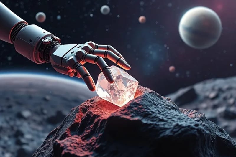 Brazo robótico detallado extrayendo un mineral brillante de un asteroide.
