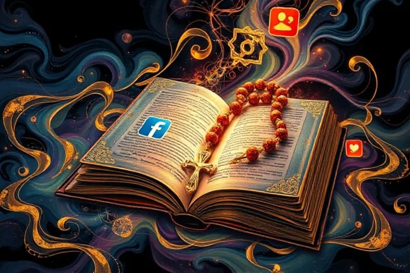 Bodegón conceptual de una Biblia y rosario entrelazados con tecnología digital
