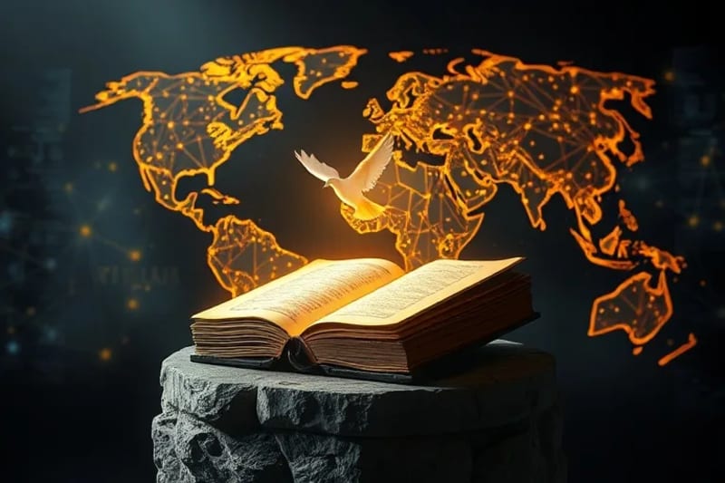 Red global de conexiones digitales con un símbolo espiritual central