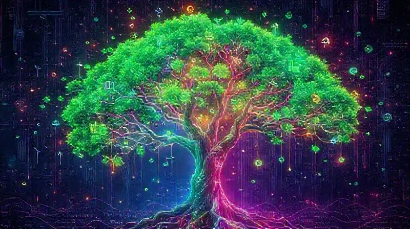 Abstract digital art showing a global financial network forming a tree with green symbols like solar panels and wind turbines as leaves, anchored by blockchain ledgers.