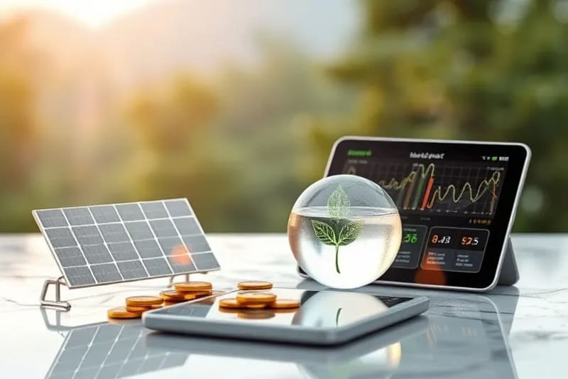 Conceptual 3D render of a still-life with miniature solar panels, digital tokens with leaf motifs, a glass sphere with purified water, and a tablet showing impact metrics.