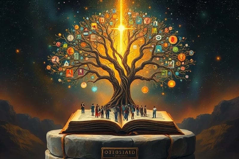 Árbol cósmico de vida con circuitos digitales y figuras humanas diversas