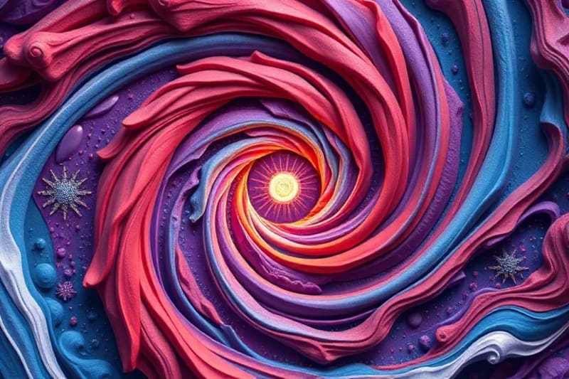 Representación digital abstracta de energías planetarias entrelazándose, formando un vórtice alrededor de una chispa central de intención.