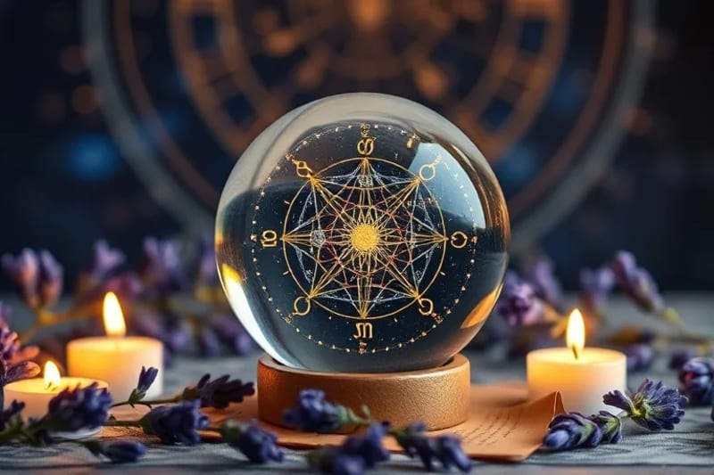 Un bodegón conceptual con una esfera de cristal que refleja una alineación planetaria, rodeada de hierbas aromáticas, velas sin encender y un pergamino con un símbolo de intención.
