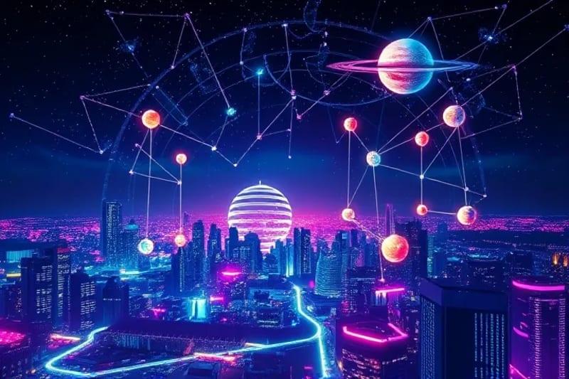 Mapa celestial futurista integrado en una ciudad digital
