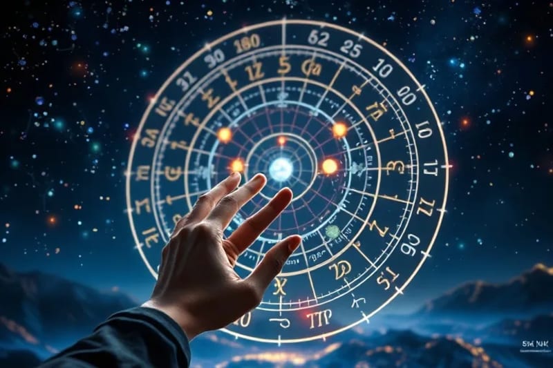 Avatar interactuando con un mapa astral holográfico en un entorno metaverso
