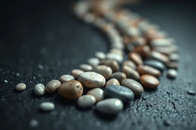 Extreme close-up macro photography of polished, smooth pebbles arranged in a precise, ordered grid on a dark, textured surface, evoking the systematic nature of ancient mathematical tools.