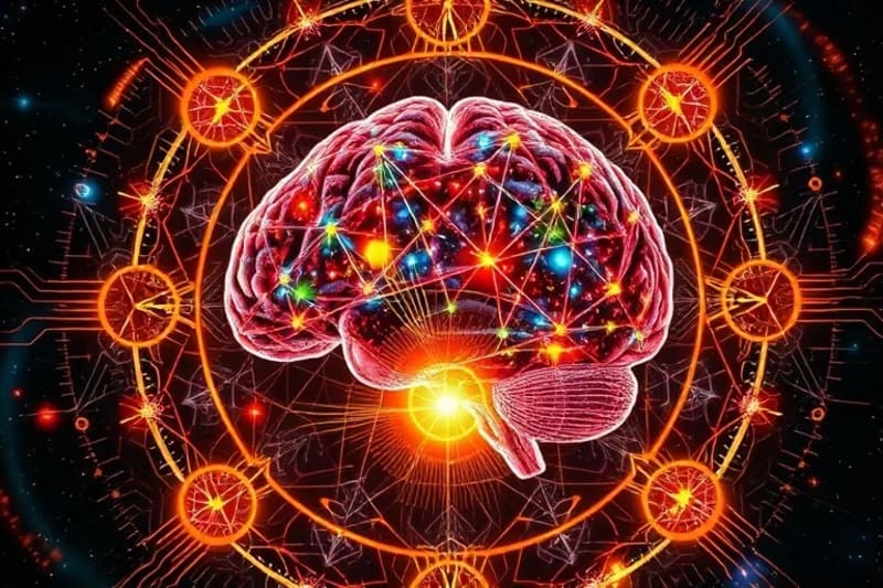 Abstract digital painting of a human brain merging with circuit boards and data streams, set against celestial bodies.