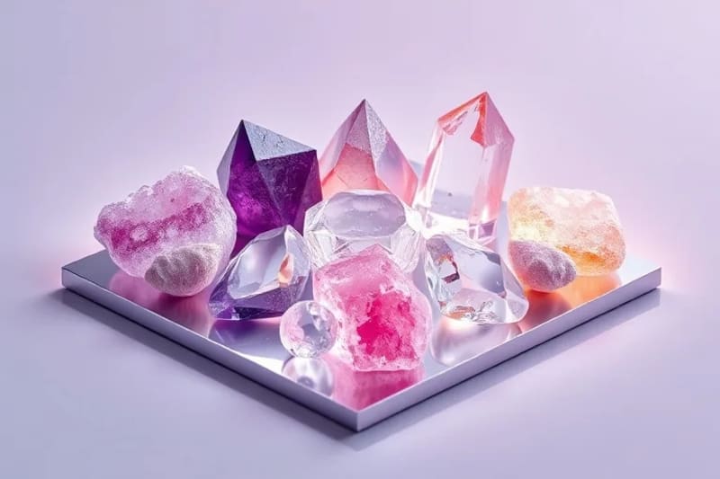 Cristales de cuarzo, amatista y rosa cuarzo dispuestos en un patrón geométrico, irradiando energía sutil.