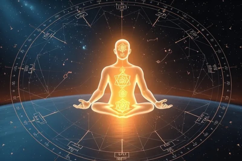 Figura meditante con chakras representados como mandalas geométricos, simbolizando la armonía energética interna.